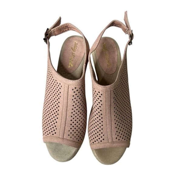 Easy Street Comfortable Pink Peep-Toe Laser Cut Sandals Wedge Espadrille Sz 8 - Picture 2 of 7